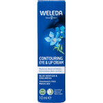 Box of Weleda Contouring Eye and Lip Cream with blue gentian and edelweiss illustrations on a white background.