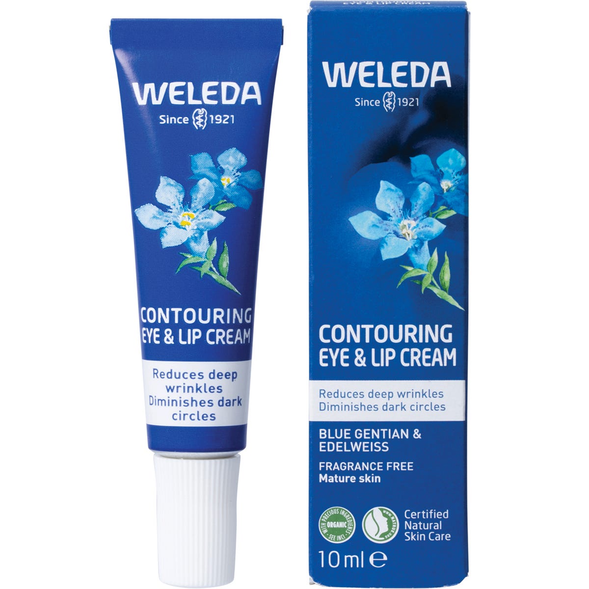 Weleda Contouring Eye and Lip Cream 10ml tube and box with blue gentian and edelweiss illustrations.