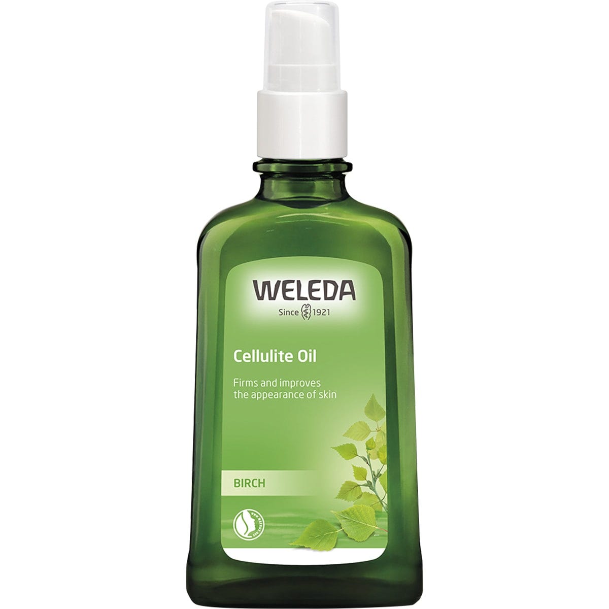 100ml glass bottle of Weleda Birch Cellulite Oil with a green and white label on a white background.