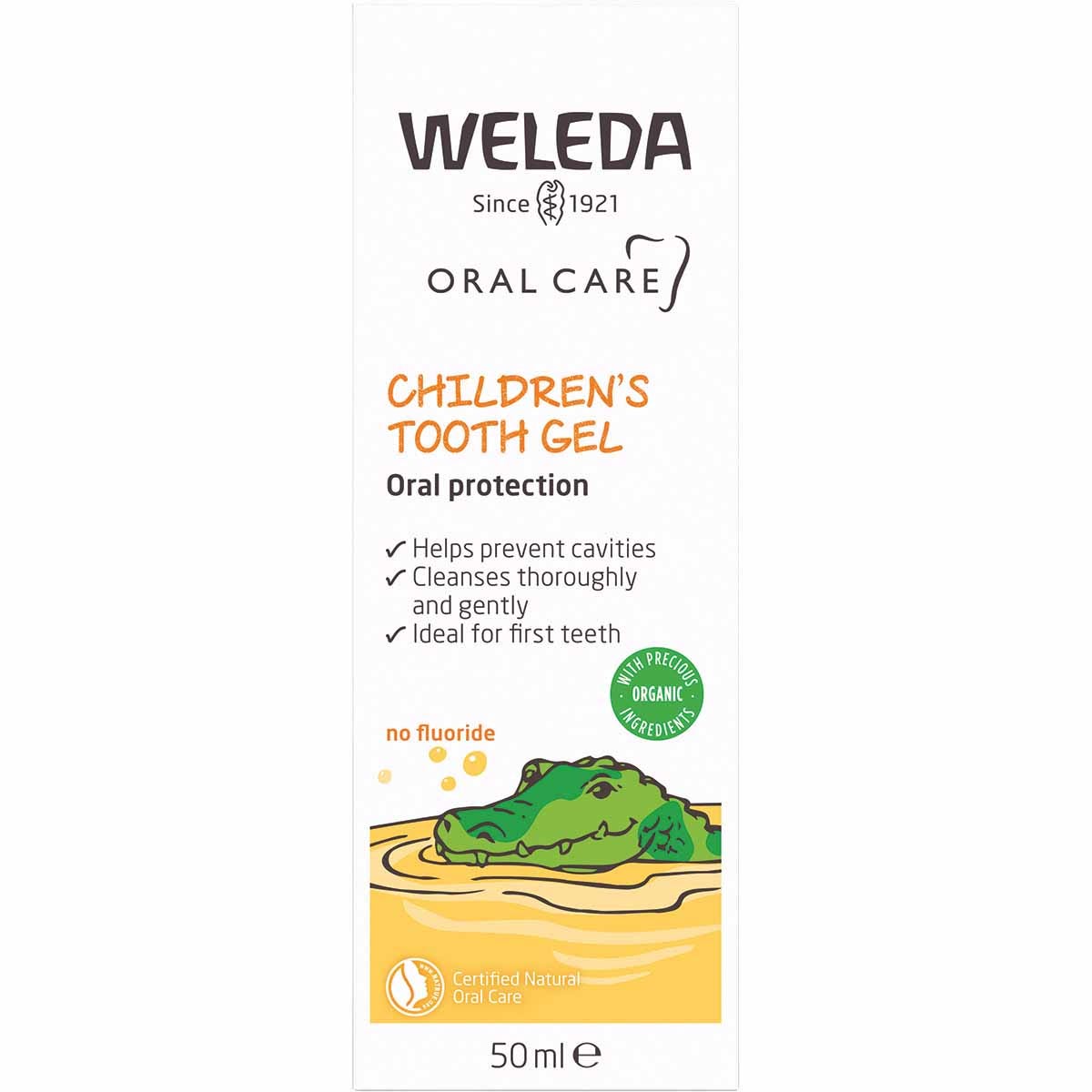 Front of a Weleda Children's Tooth Gel box with orange and white details and an illustration of a child brushing.