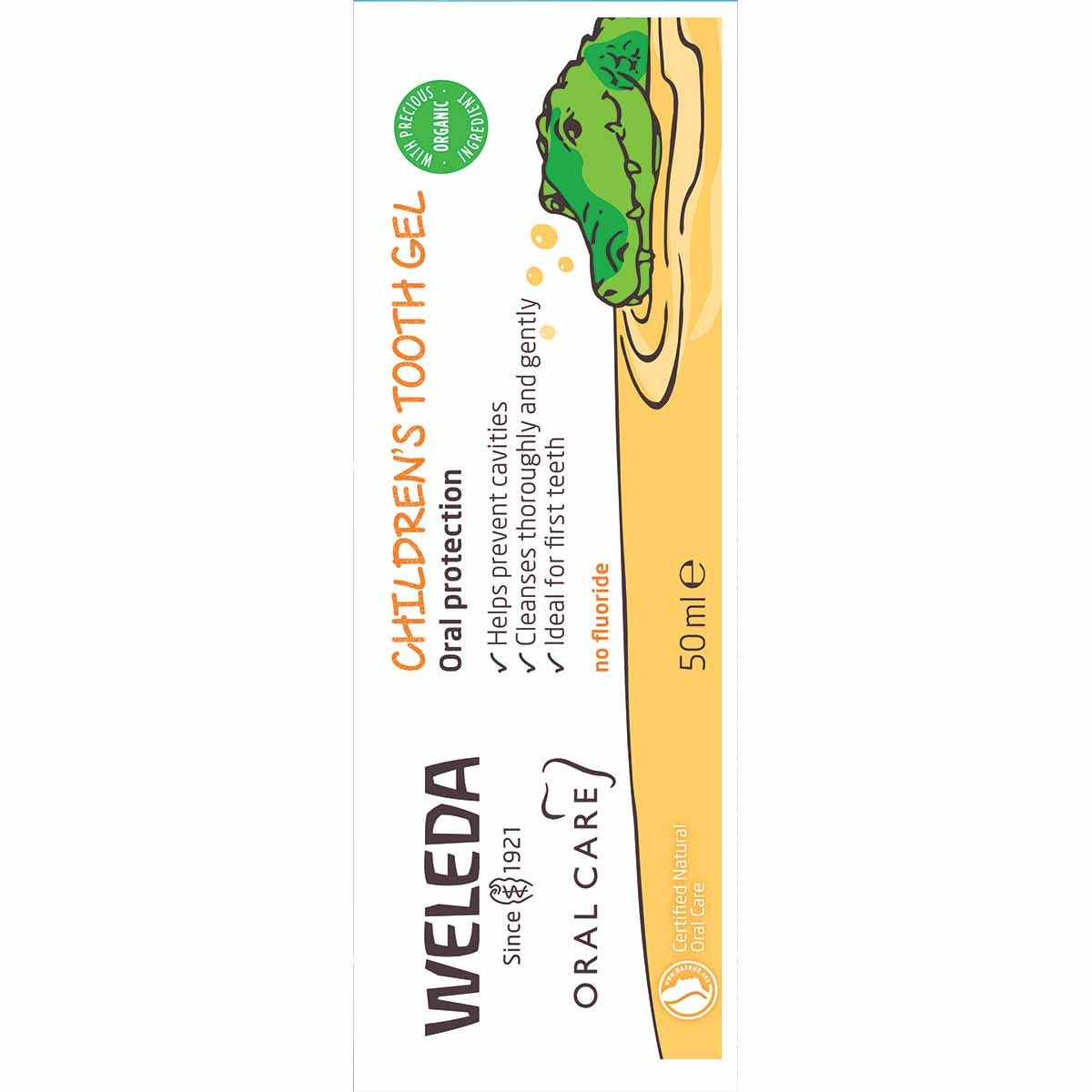Back of Weleda Children's Tooth Gel box with ingredients, directions, and a certified natural logo on a white background.