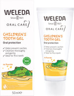 50ml tube and box of Weleda Children's Tooth Gel, a fluoride-free natural toothpaste with calendula and silica.
