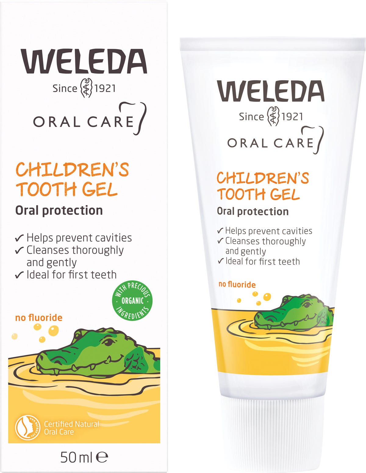 50ml tube and box of Weleda Children's Tooth Gel, a fluoride-free natural toothpaste with calendula and silica.