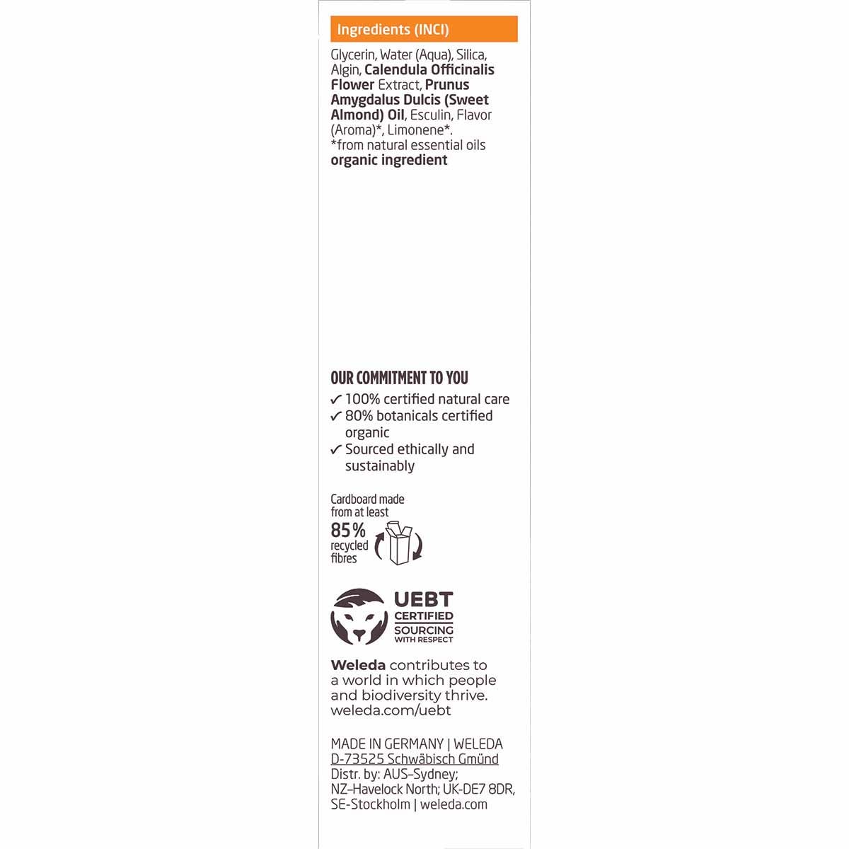 Side view of a 50ml Weleda Children's Tooth Gel box showing organic ingredients and natural dental care features.
