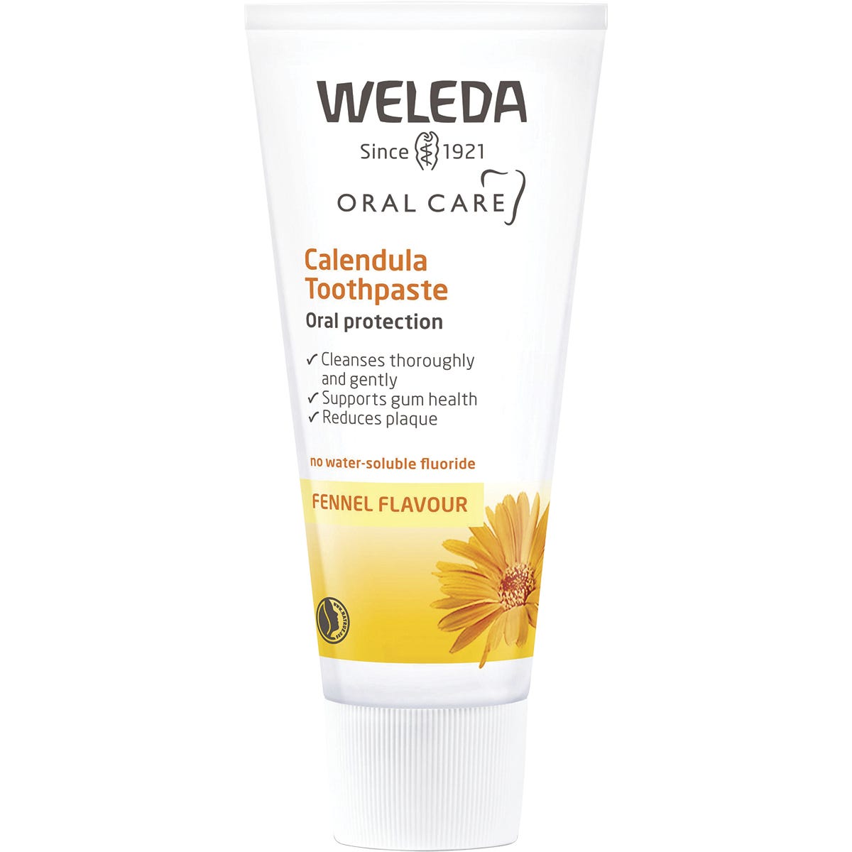 75ml tube of Weleda Calendula Toothpaste with an orange and white label on a white background.