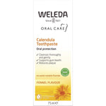 Orange and white box of Weleda Calendula Toothpaste 75ml with a fresh fennel flavor and natural ingredients.
