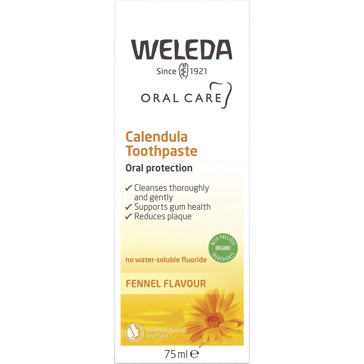Orange and white box of Weleda Calendula Toothpaste 75ml with a fresh fennel flavor and natural ingredients.