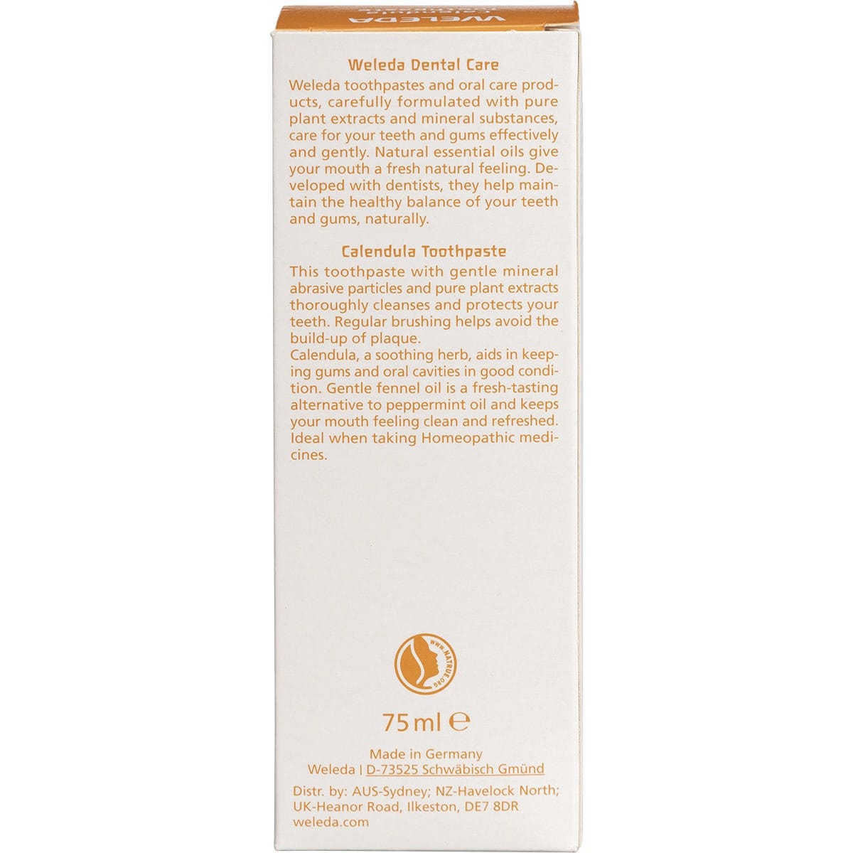 Back of Weleda Calendula Toothpaste box with ingredients, product benefits, and natural certification logos.