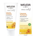 75ml tube and box of Weleda Calendula Toothpaste with orange and white packaging and a fresh fennel flavor.