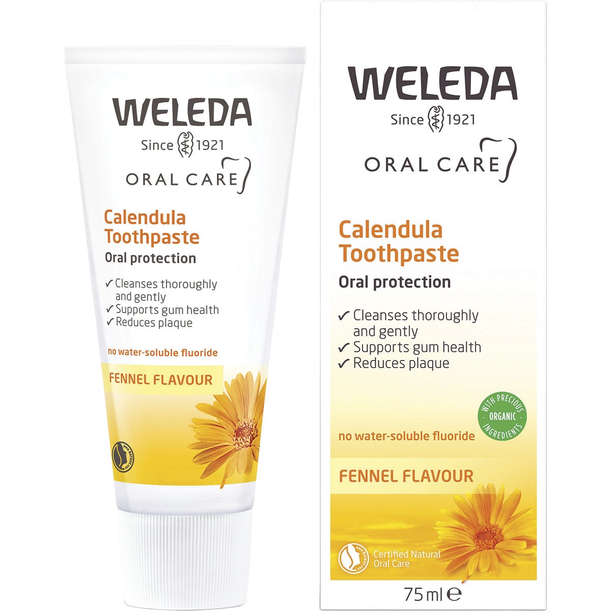 75ml tube and box of Weleda Calendula Toothpaste with orange and white packaging and a fresh fennel flavor.