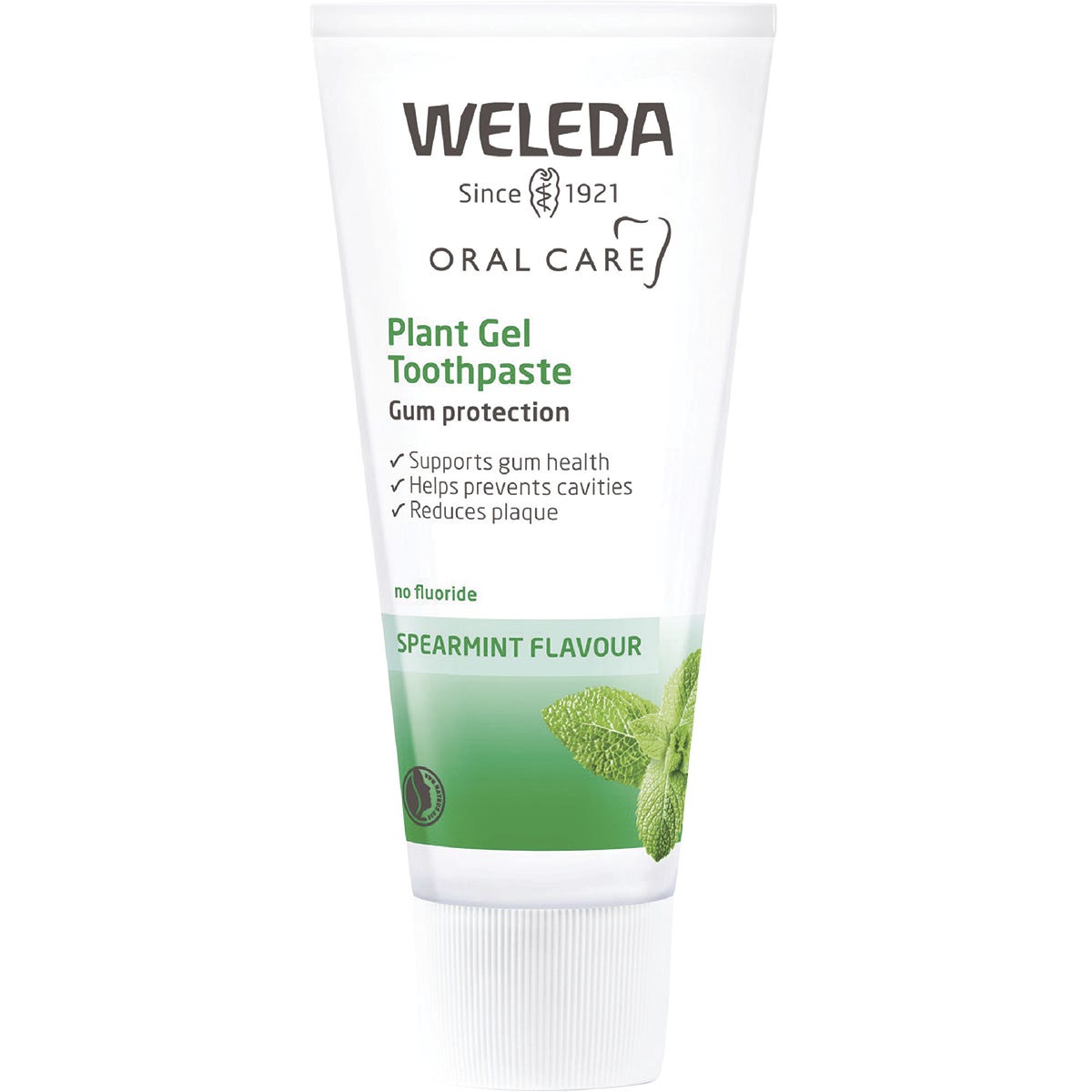 75ml tube of Weleda Plant Gel Toothpaste with spearmint, chamomile, and myrrh on a white background.