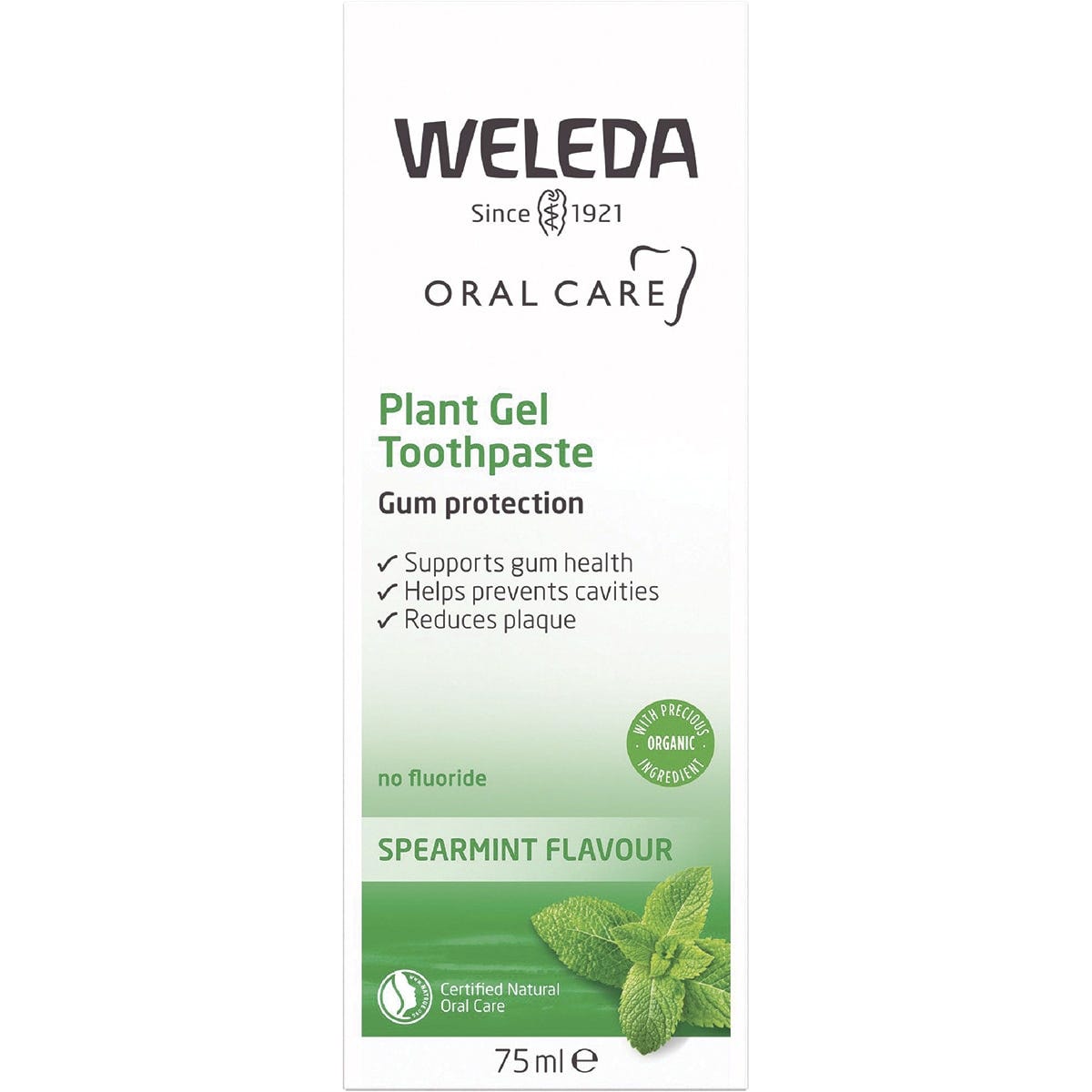 Weleda Plant Gel Toothpaste 75ml box with green chamomile and myrrh illustrations on a white background.