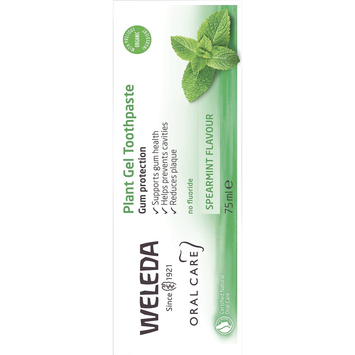 Back of Weleda Plant Gel Toothpaste box with ingredients, product benefits, and NaTrue certification.
