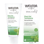 75ml tube and box of Weleda Plant Gel Toothpaste in spearmint flavor with green chamomile and myrrh illustrations.