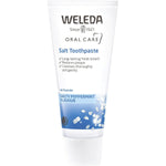 75ml tube of Weleda Salt Toothpaste with a blue label featuring peppermint leaves, on a white background.