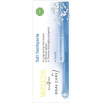 Back of Weleda Salt Toothpaste box with nutrition facts, ingredients list, and natural oral care benefits.