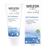 Weleda Salt Toothpaste 75ml tube and box featuring a salty peppermint flavor for natural oral care.
