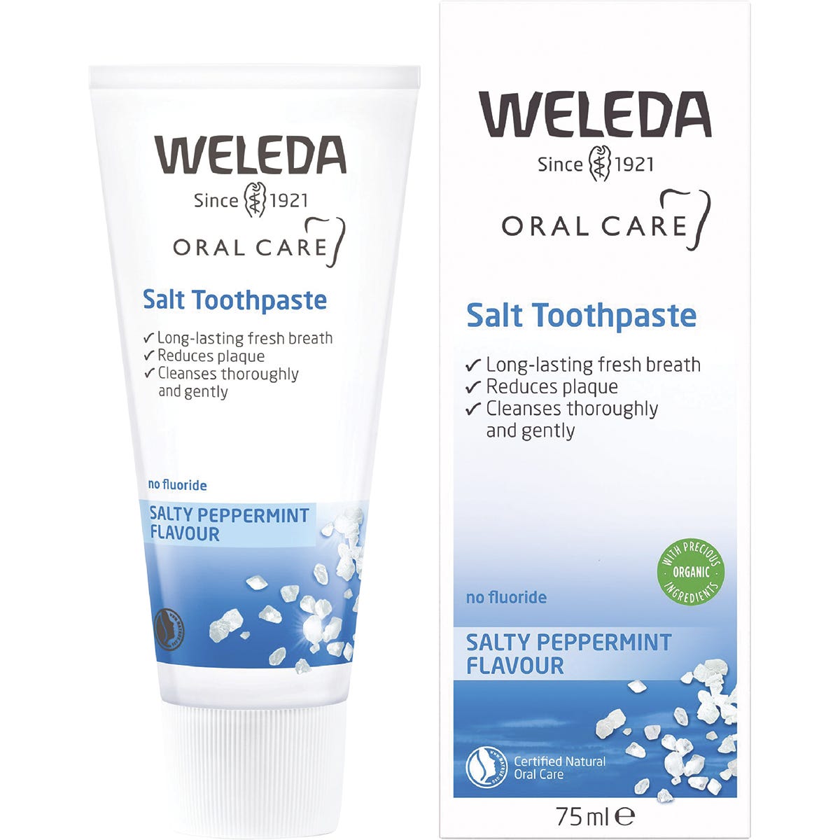 Weleda Salt Toothpaste 75ml tube and box featuring a salty peppermint flavor for natural oral care.