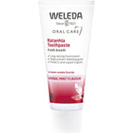 Weleda Ratanhia Toothpaste 75ml tube featuring a red ratanhia root illustration on a white background.