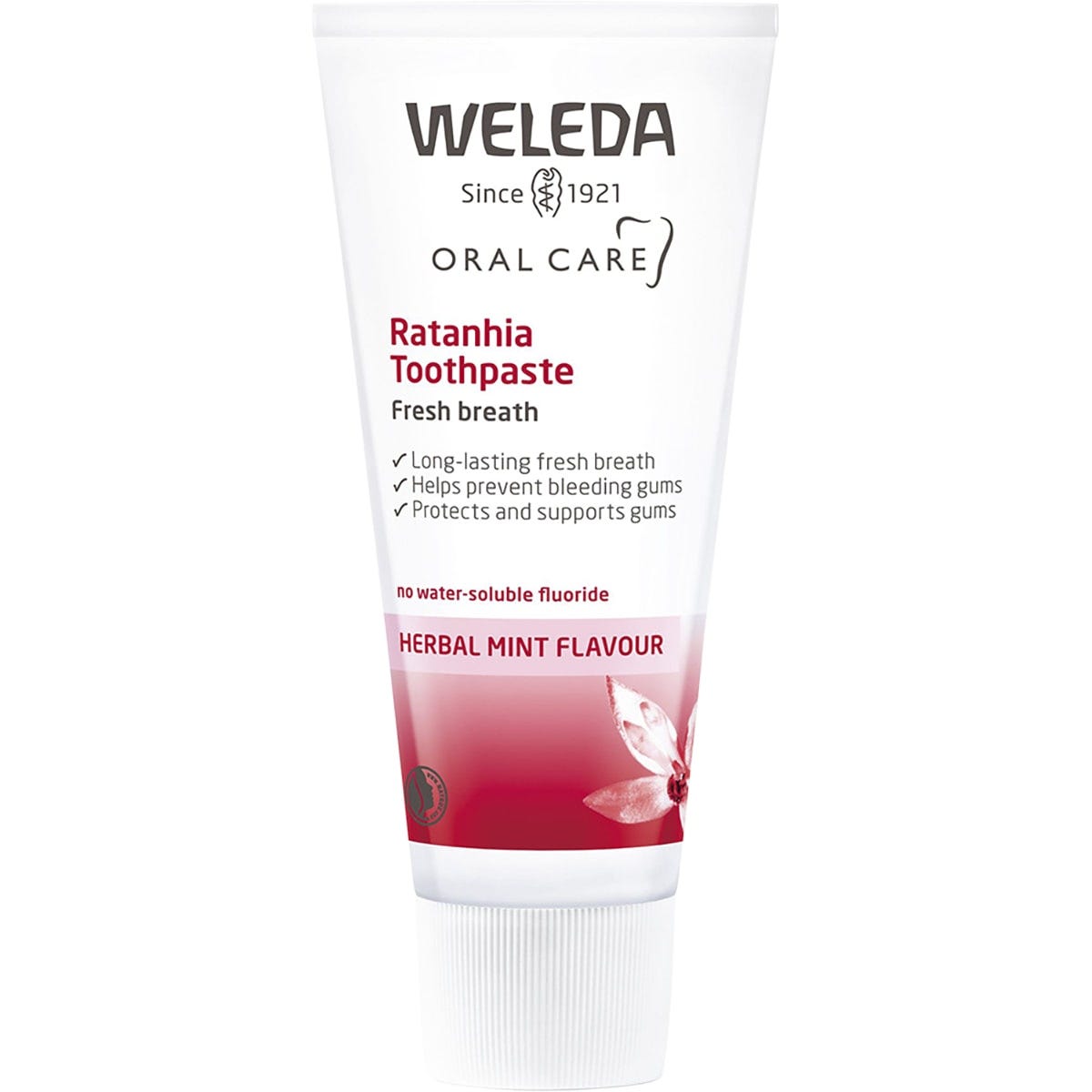 Weleda Ratanhia Toothpaste 75ml tube featuring a red ratanhia root illustration on a white background.
