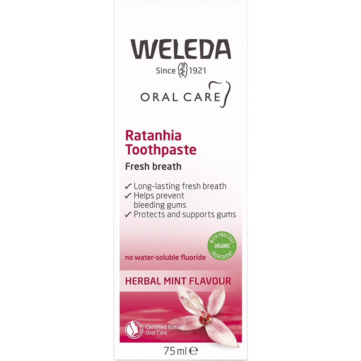 Weleda Ratanhia Toothpaste 75ml box with red ratanhia root illustration and product details on a white background.