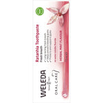 Back of Weleda Ratanhia Toothpaste 75ml box showing ingredients, usage directions, and certified natural logos.