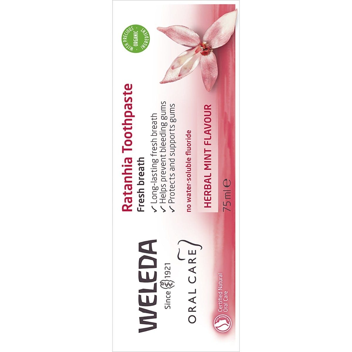 Back of Weleda Ratanhia Toothpaste 75ml box showing ingredients, usage directions, and certified natural logos.