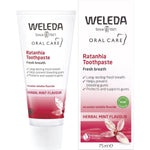 Weleda Toothpaste Ratanhia 75ml tube and box, featuring ratanhia root extract for gum health and fresh mint.