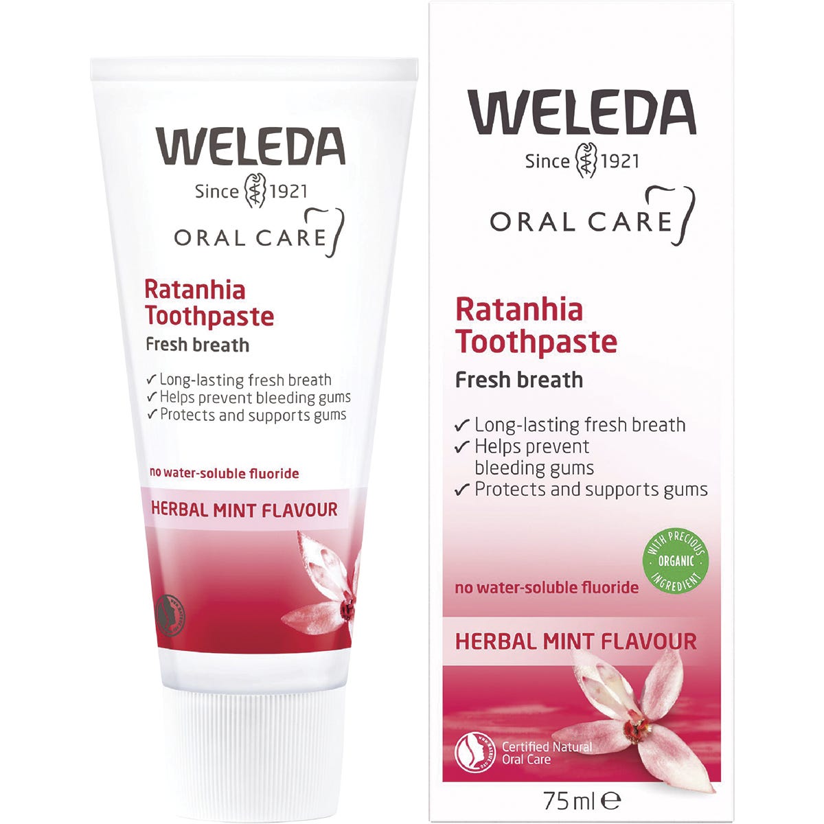 Weleda Toothpaste Ratanhia 75ml tube and box, featuring ratanhia root extract for gum health and fresh mint.
