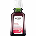 50ml glass bottle of Weleda Ratanhia Mouthwash with a red and white label on a white background.