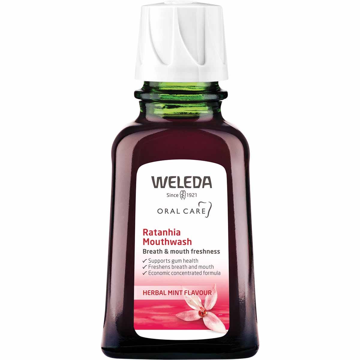 50ml glass bottle of Weleda Ratanhia Mouthwash with a red and white label on a white background.