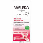 Front of a Weleda Ratanhia Mouthwash 50ml box with a red and white design and herbal mint illustrations.