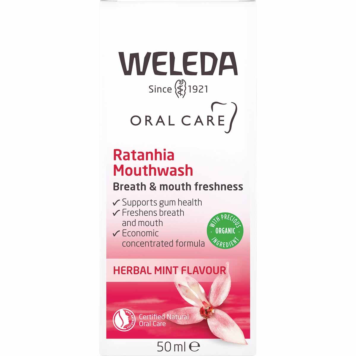 Front of a Weleda Ratanhia Mouthwash 50ml box with a red and white design and herbal mint illustrations.