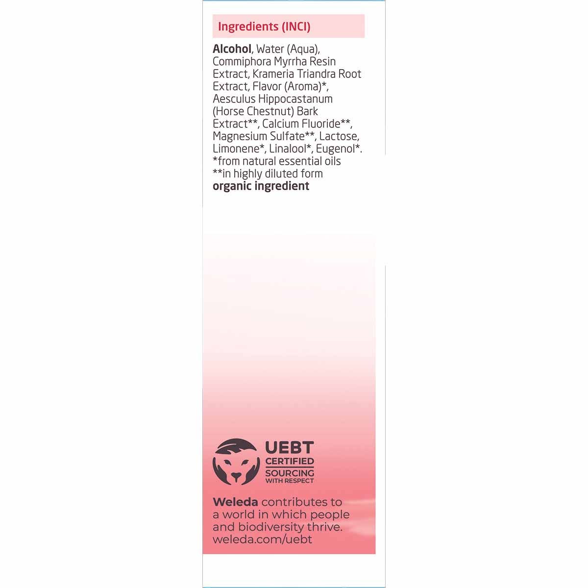 Left side of Weleda Ratanhia Mouthwash box featuring product benefits, organic certification, and a red botanical design.