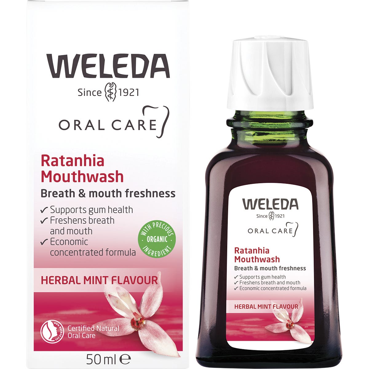 Weleda Ratanhia Mouthwash 50ml glass bottle and packaging featuring herbal mint illustrations and natural ingredients.