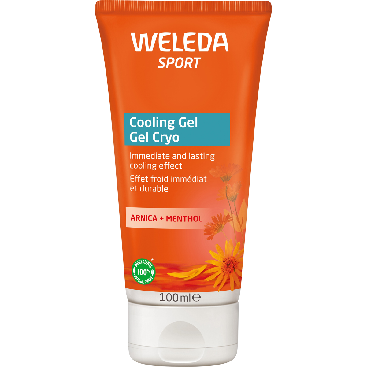 Weleda Arnica Sport Cooling Gel 100ml tube with organic arnica and menthol for post-exercise muscle relief.