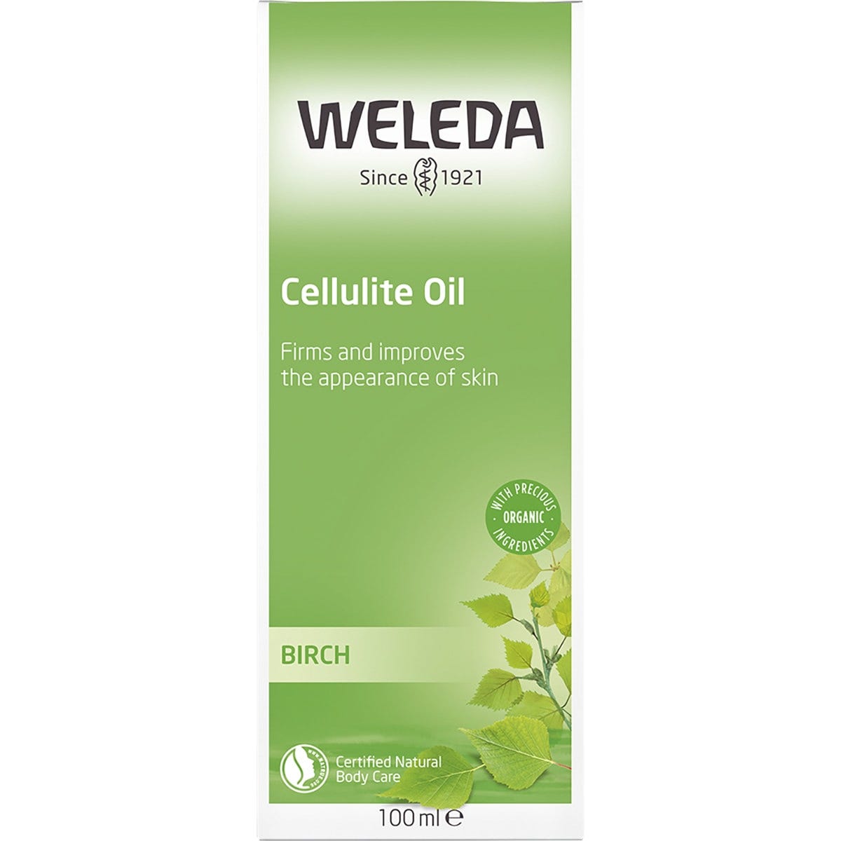 Green cardboard box for Weleda Birch Cellulite Oil 100ml featuring a white leaf illustration.