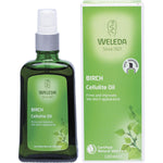 Weleda Cellulite Oil Birch 100ml glass bottle next to its matching green cardboard box.