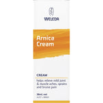 Exterior packaging for Weleda Arnica Cream 36ml featuring yellow arnica flowers and product benefits.