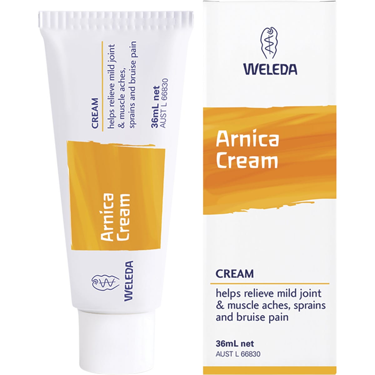 Weleda Arnica Cream 36ml tube and box for muscle aches and bruises, featuring yellow flowers on the packaging.