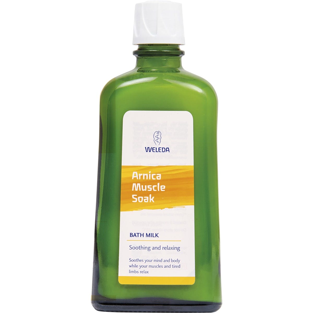 200ml glass bottle of Weleda Arnica Muscle Soak bath milk with a yellow label and white cap.