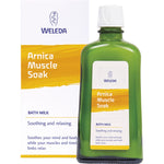 Weleda Arnica Muscle Soak 200ml bottle and packaging featuring yellow arnica flowers on a white background.