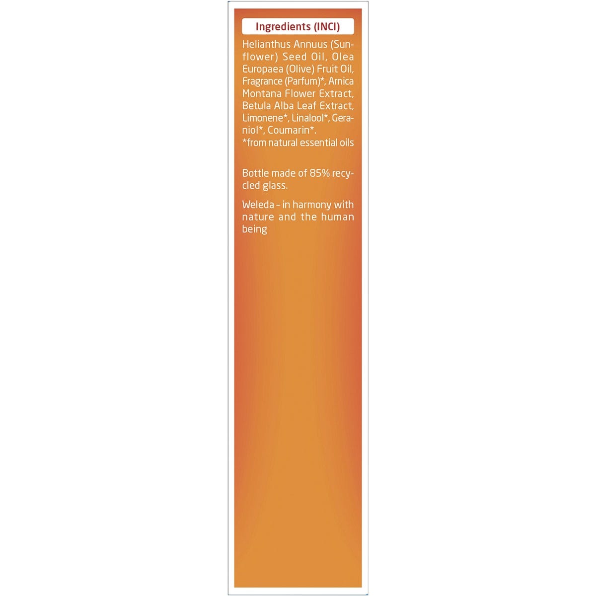 Left side of Weleda Arnica Massage Oil box showing product description and usage instructions.