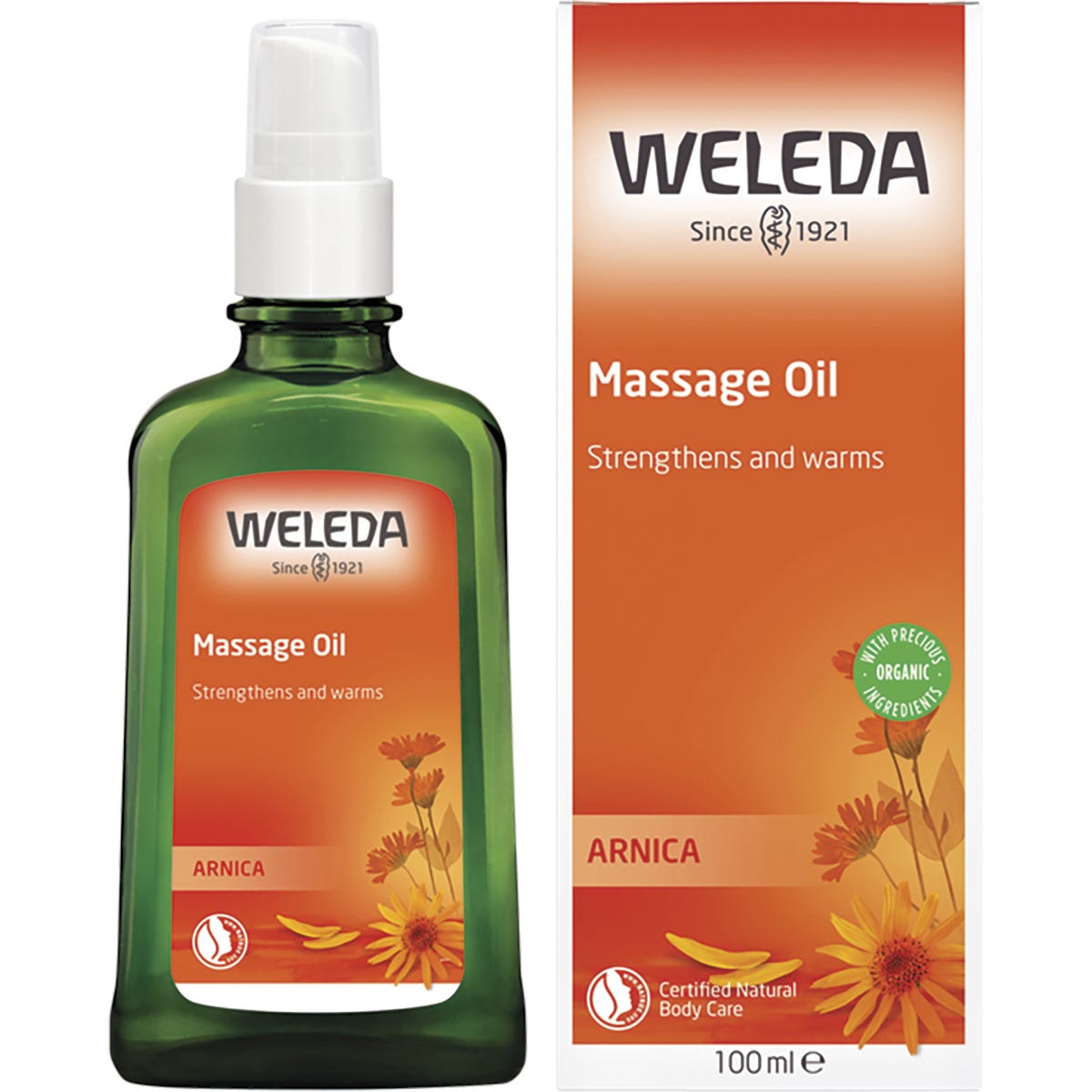 100ml bottle and box of Weleda Arnica Massage Oil for muscle recovery and skin nourishment.