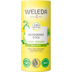 50g Weleda Citrus-Bergamot Deodorant Stick in a white and yellow tube with citrus fruit illustrations.