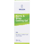 Weleda Burns and Bites Cooling Gel 36ml box featuring herbal illustrations on a white background.