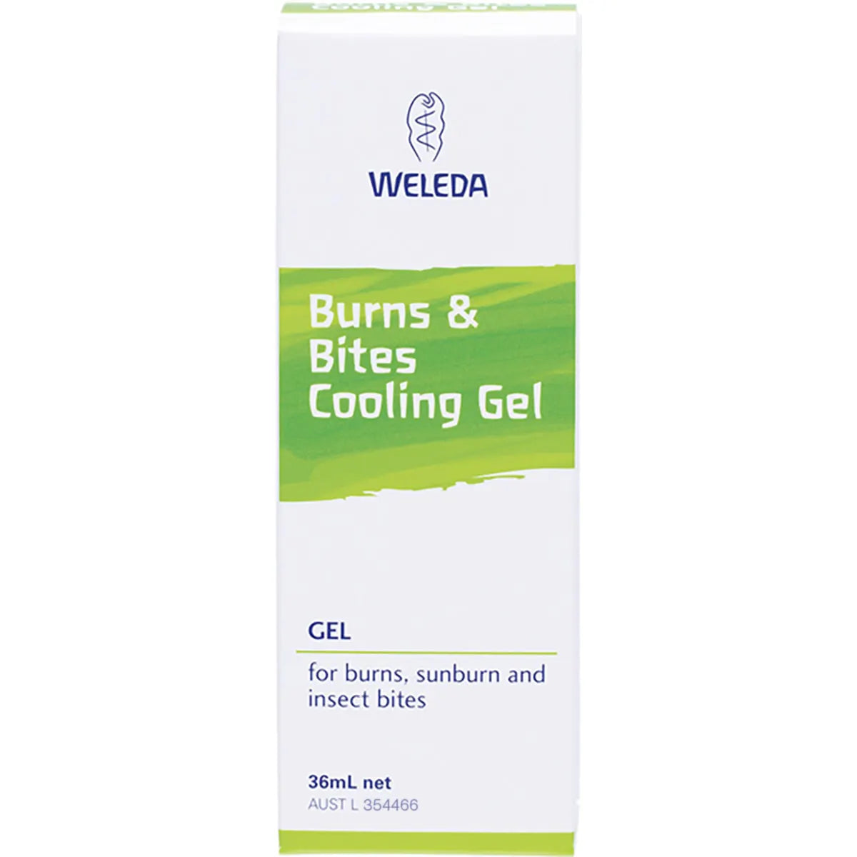 Weleda Burns and Bites Cooling Gel 36ml box featuring herbal illustrations on a white background.