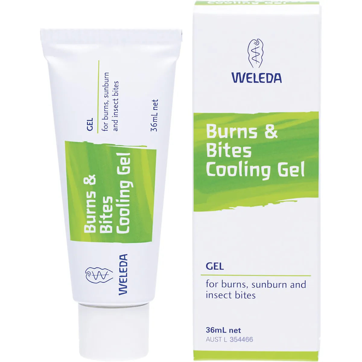 Weleda Burns and Bites Cooling Gel 36ml tube and box featuring herbal ingredients for minor burns and stings.