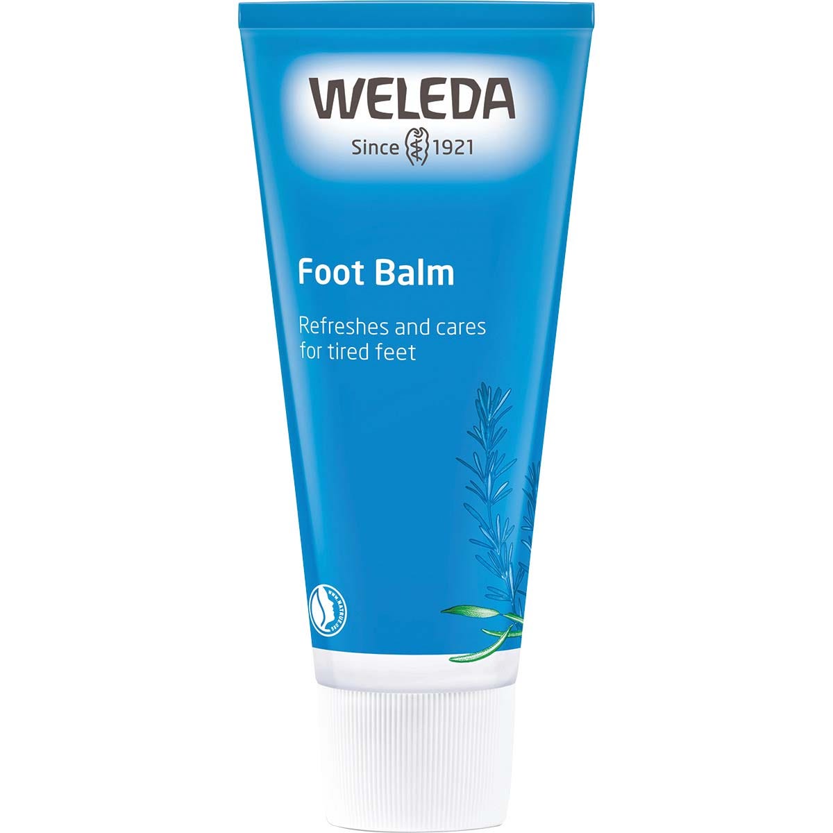 75ml tube of Weleda Foot Balm with botanical illustrations on a white background.