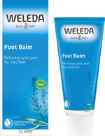 Weleda Foot Balm 75ml tube and product box featuring botanical illustrations on a white background.